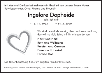 Traueranzeige von Ingelore Dopheide von Neue Deister-Zeitung