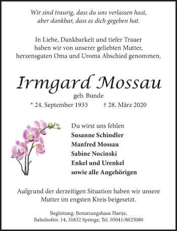 Traueranzeige von Irmgard Mossau von Neue Deister-Zeitung