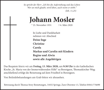 Traueranzeige von Johann Mosler 