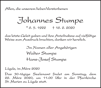 Traueranzeige von Johannes Stumpe von Deister- und Weserzeitung