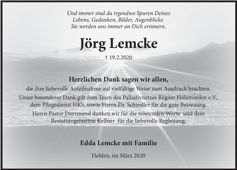  Traueranzeige für Jörg Lemcke vom 21.03.2020 aus Deister- und Weserzeitung