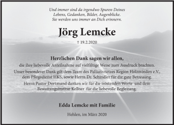 Traueranzeige von Jörg Lemcke von Deister- und Weserzeitung