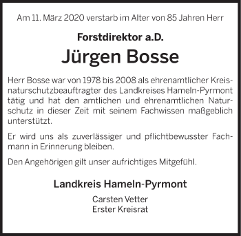 Traueranzeige von Jürgen Bosse von Deister- und Weserzeitung