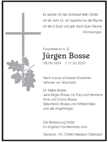 Traueranzeige von Jürgen Bosse von Deister- und Weserzeitung