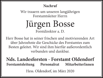 Traueranzeige von Jürgen Bosse von Deister- und Weserzeitung