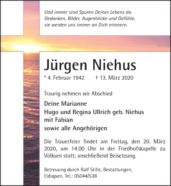 Traueranzeige von Jürgen Niehus von Neue Deister-Zeitung