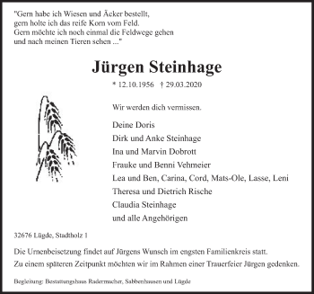 Traueranzeige von Jürgen Steinhage von Deister- und Weserzeitung