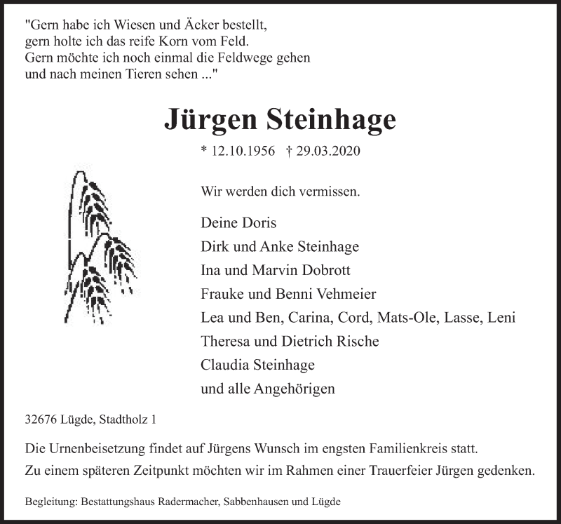  Traueranzeige für Jürgen Steinhage vom 04.04.2020 aus Deister- und Weserzeitung