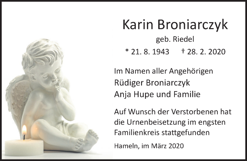  Traueranzeige für Karin Broniarczyk vom 14.03.2020 aus Deister- und Weserzeitung