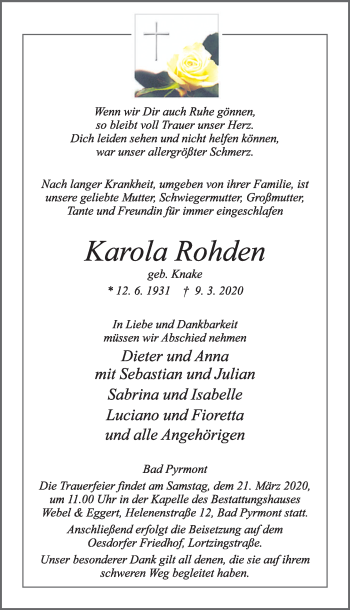 Traueranzeige von Karola Rohden von Deister- und Weserzeitung