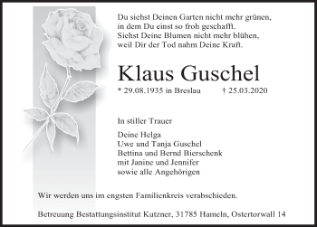 Traueranzeige von Klaus Guschel von Deister- und Weserzeitung