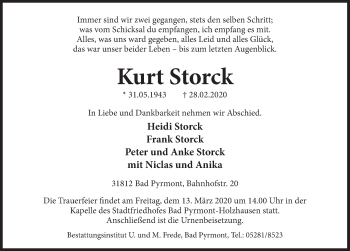 Traueranzeige von Kurt Storck von Deister- und Weserzeitung