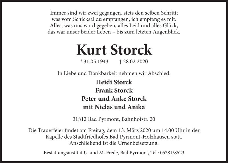  Traueranzeige für Kurt Storck vom 07.03.2020 aus Deister- und Weserzeitung