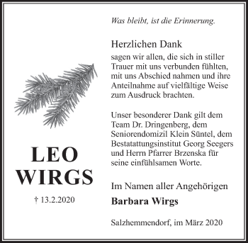 Traueranzeige von Leo Wirgs von Deister- und Weserzeitung