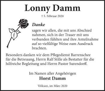 Traueranzeige von Lonny Damm von Neue Deister-Zeitung