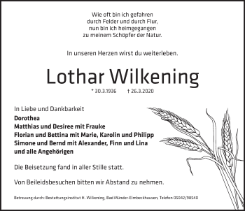Traueranzeige von Lothar Wilkening von Neue Deister-Zeitung