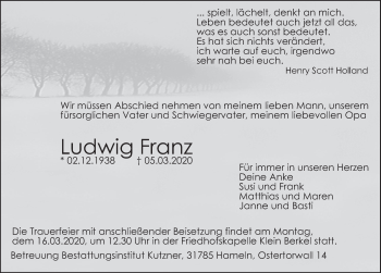 Traueranzeige von Ludwig Franz von Deister- und Weserzeitung