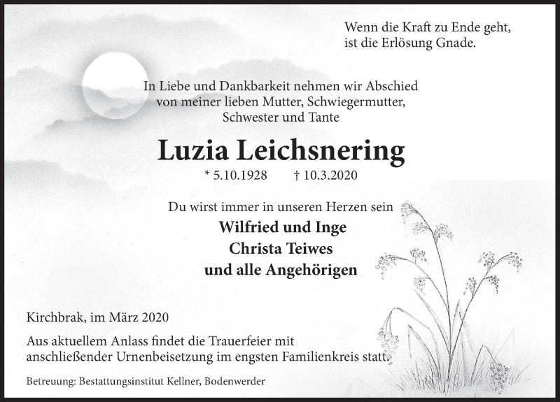  Traueranzeige für Luzia Leichsnering vom 21.03.2020 aus Deister- und Weserzeitung
