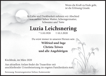 Traueranzeige von Luzia Leichsnering von Deister- und Weserzeitung