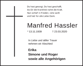 Traueranzeige von Manfred Hassler von Neue Deister-Zeitung