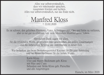 Traueranzeige von Manfred Kloss von Deister- und Weserzeitung