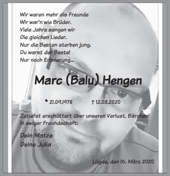 Traueranzeige von Marc Hengen von Deister- und Weserzeitung