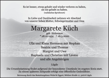 Traueranzeige von Margarete Küch von Deister- und Weserzeitung
