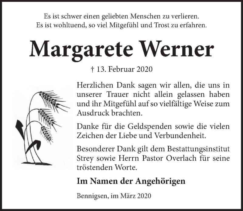  Traueranzeige für Margarete Werner vom 14.03.2020 aus Neue Deister-Zeitung