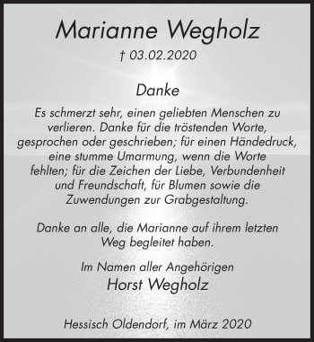 Traueranzeige von Marianne Wegholz von Deister- und Weserzeitung