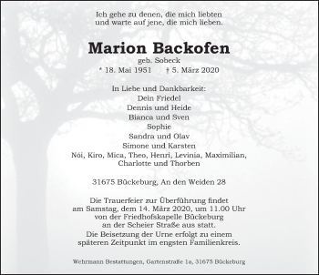 Traueranzeige von Marion Backofen 