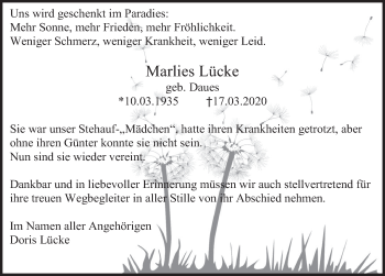 Traueranzeige von Marlies Lücke von Deister- und Weserzeitung