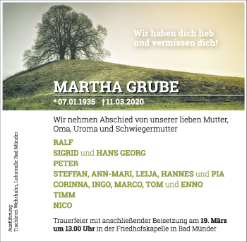 Traueranzeige von Martha Grube von Neue Deister-Zeitung