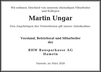 Traueranzeige von Martin Ungar von Deister- und Weserzeitung