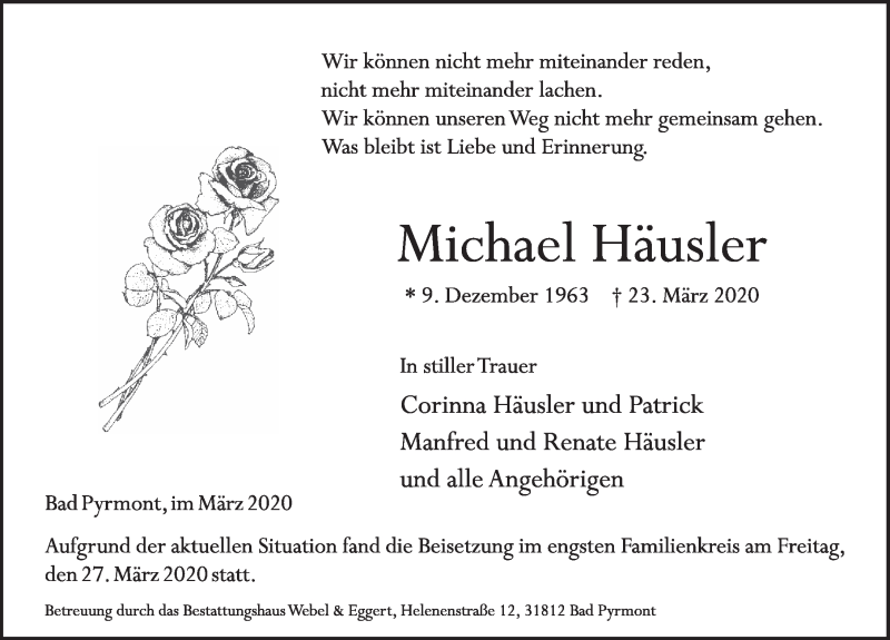  Traueranzeige für Michael Häusler vom 28.03.2020 aus Deister- und Weserzeitung