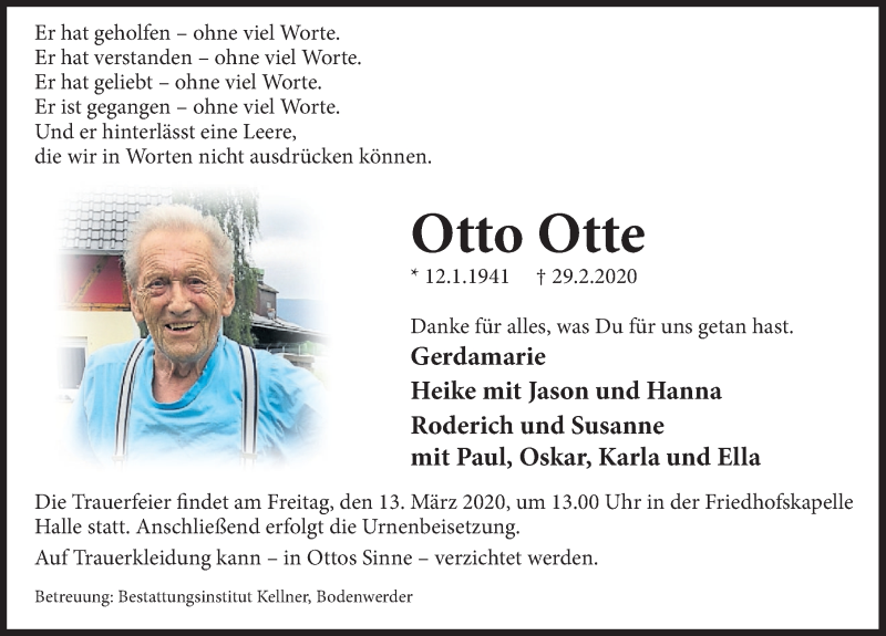  Traueranzeige für Otto Otte vom 07.03.2020 aus Deister- und Weserzeitung