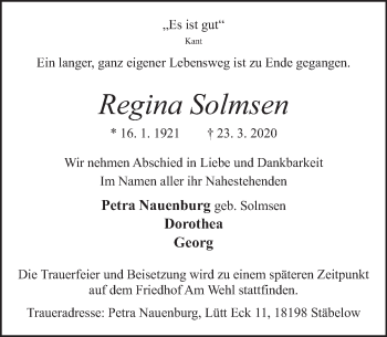 Traueranzeige von Regina Solmsen von Deister- und Weserzeitung