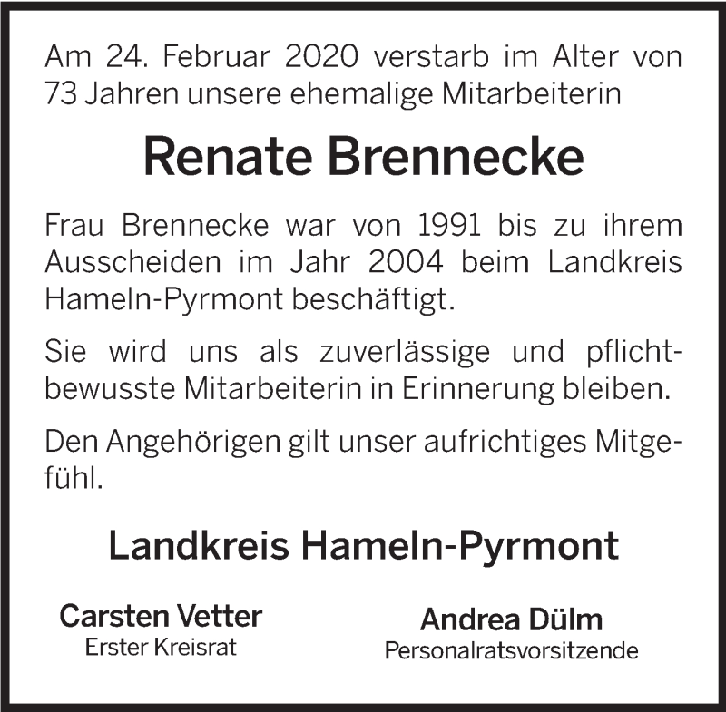  Traueranzeige für Renate Brennecke vom 06.03.2020 aus Deister- und Weserzeitung