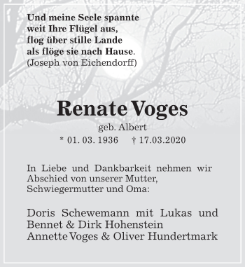 Traueranzeige von Renate Voges von Deister- und Weserzeitung