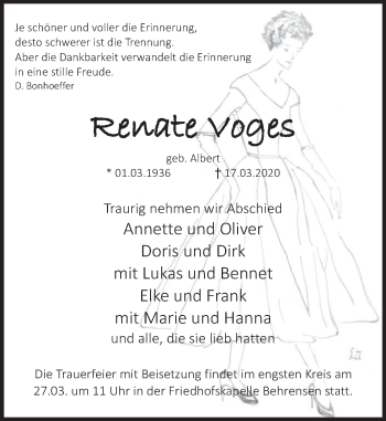 Traueranzeige von Renate Voges von Deister- und Weserzeitung