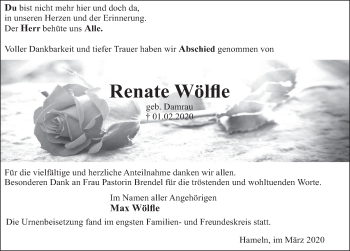 Traueranzeige von Renate Wölfle von Deister- und Weserzeitung