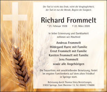 Traueranzeige von Richard Frommelt von Neue Deister-Zeitung
