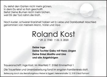 Traueranzeige von Roland Kost von Deister- und Weserzeitung