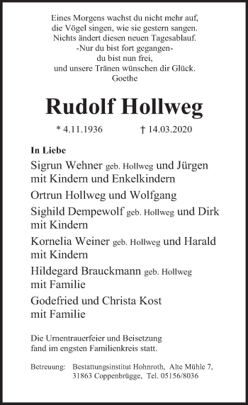 Traueranzeige von Rudolf Hollweg von Deister- und Weserzeitung