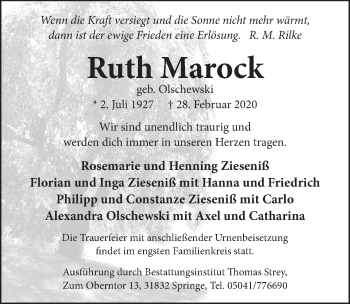 Traueranzeige von Ruth Marock von Neue Deister-Zeitung