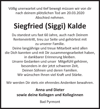 Traueranzeige von Siegfried Kalde von Deister- und Weserzeitung