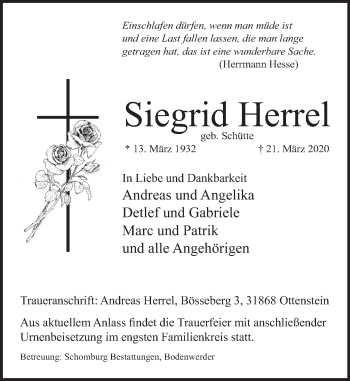 Traueranzeige von Siegrid Herrel von Deister- und Weserzeitung