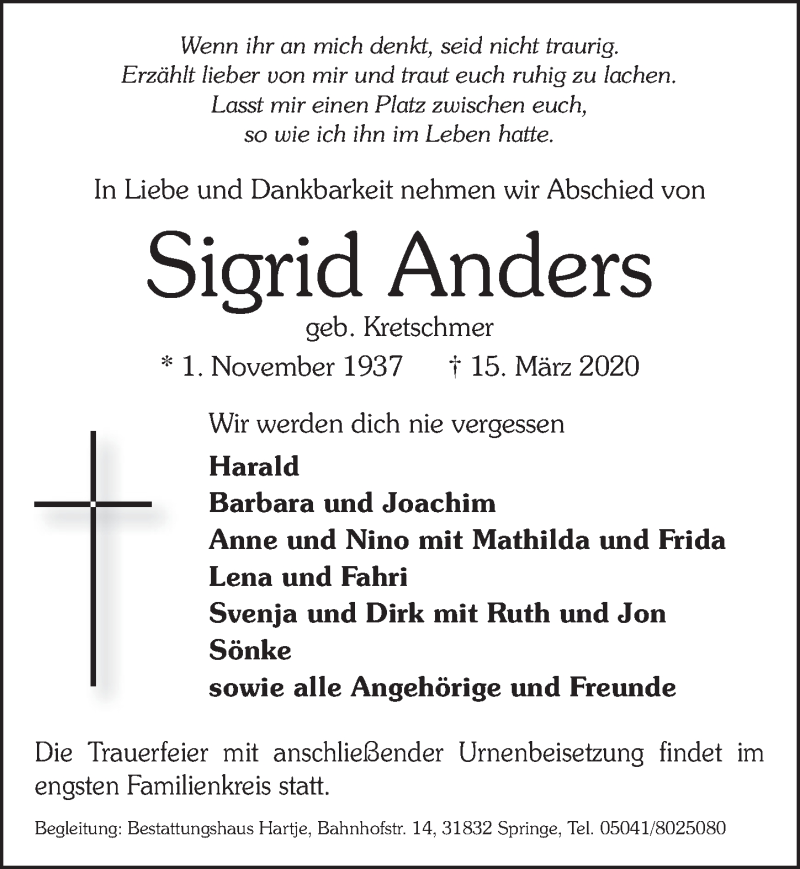  Traueranzeige für Sigrid Anders vom 21.03.2020 aus Neue Deister-Zeitung