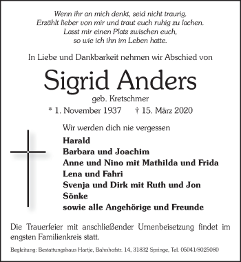 Traueranzeige von Sigrid Anders von Neue Deister-Zeitung