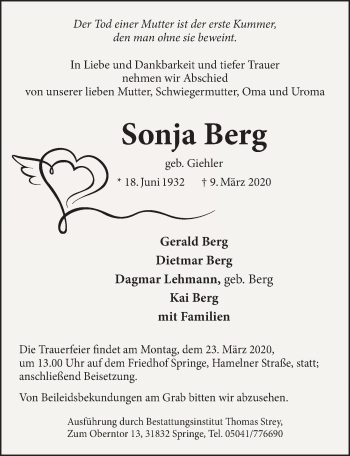 Traueranzeige von Sonja Berg 