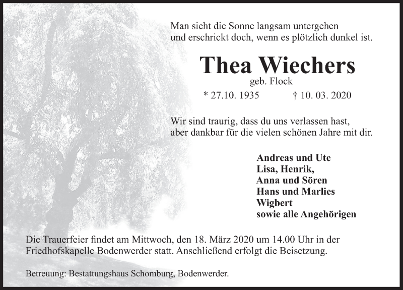  Traueranzeige für Thea Wiechers vom 14.03.2020 aus Deister- und Weserzeitung